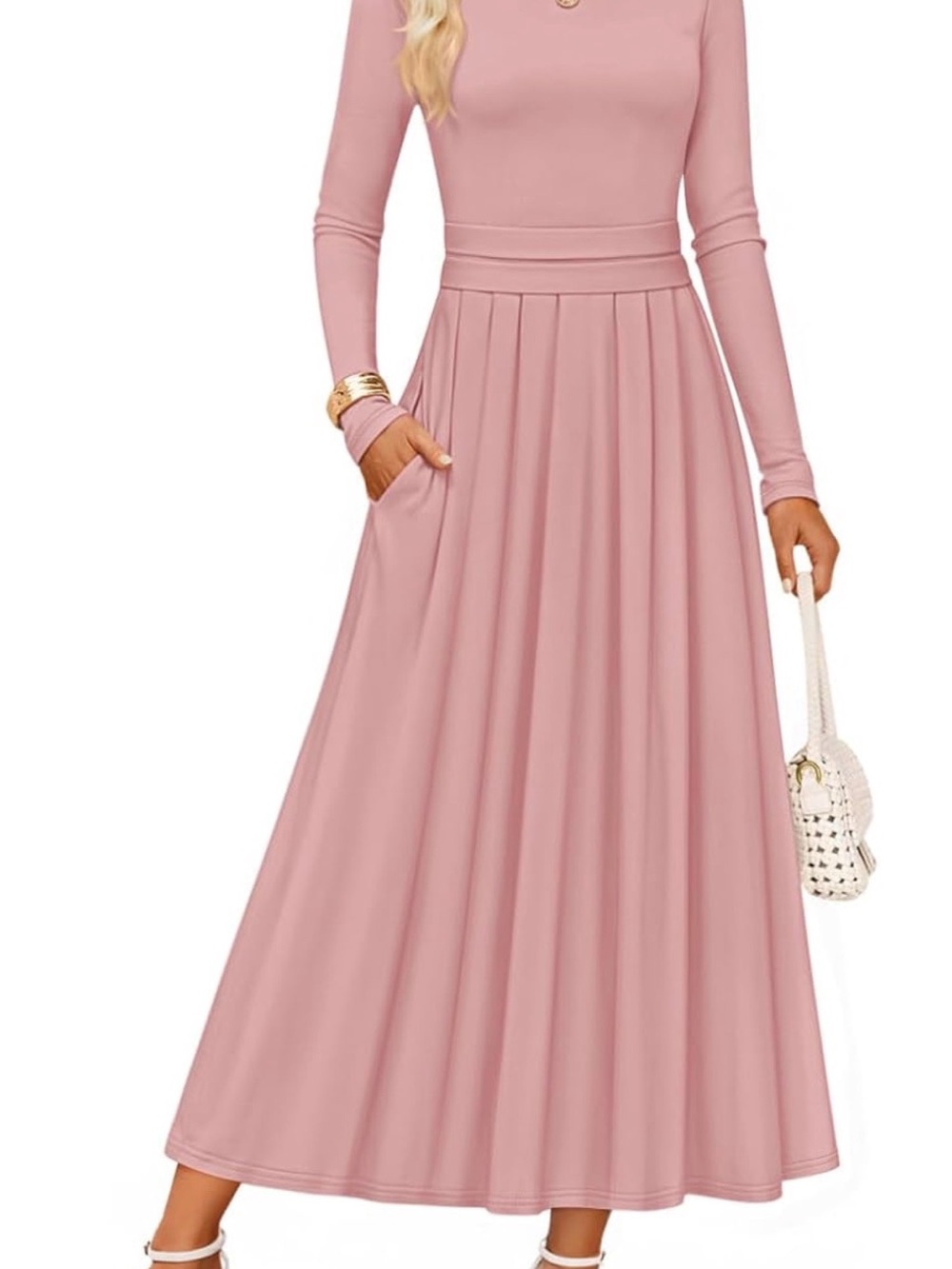 Long Sleeve Maxi Dress in Dusty Pink — Classic Crew Neck